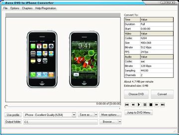 Avex DVD to iPhone Converter is a one-click solution to convert DVDs to iPhone movie