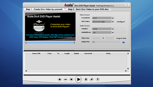 Acala DivX DVD Player Assist - Convert AVI (DivX, XviD, MS MPEG4, Uncompressed, Cinepak and other); MPEG (MPEG-1 and MPEG-2 Video); WMV (Windows Media Video);