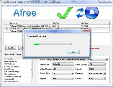 Afree MOV to AVI FLV MPEG WMV MP4 Converter supports the converting of QuickTime MOV to all popular video formats including AVI, MP4, WMV, VCD, SVCD, DVD, iPhone, Zune, FLV, SWF video formats.