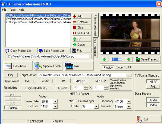 Join or split Windows Media AVI and/or MPEG movies and save as AVI, Windows Media, Real Media or MPEG movies. Includes a robust audio/video toolbox.